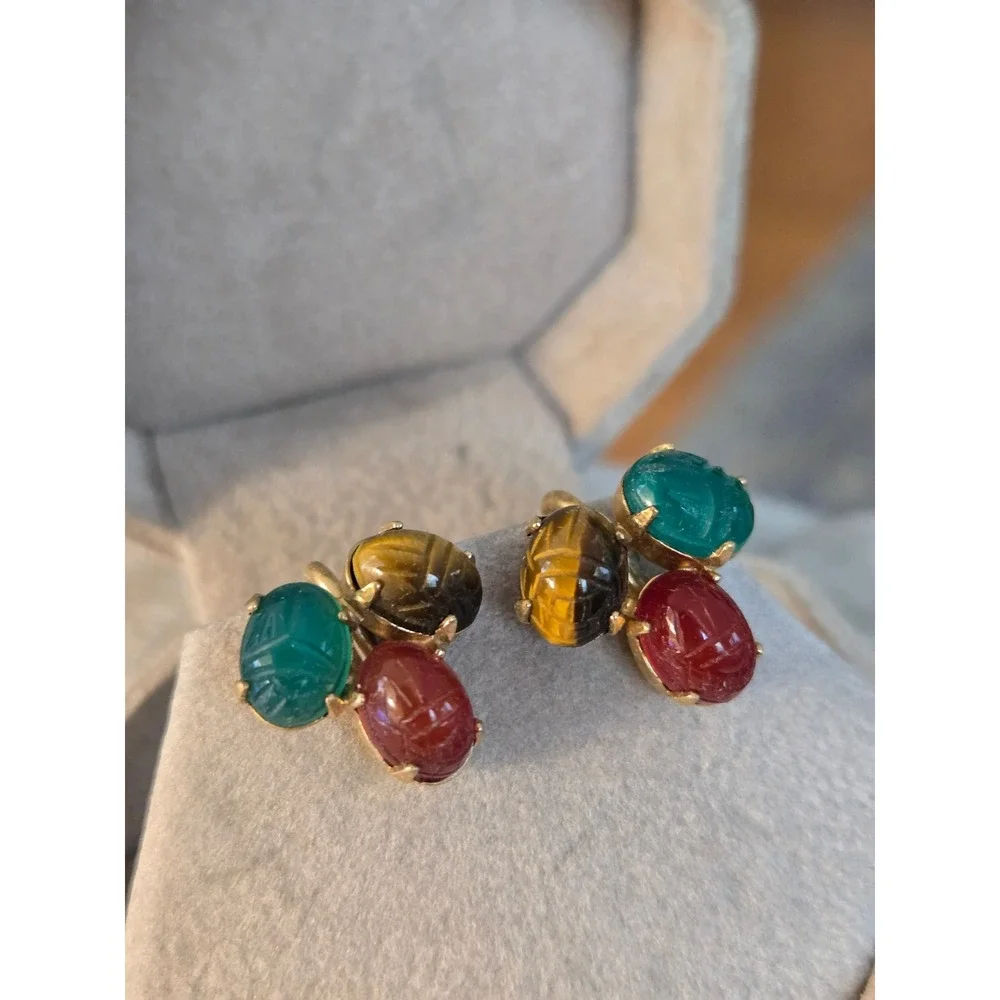 Egyptian Revival Goldfilled Scarab Earrings Semi-Precious Stones Vintage w/ Box